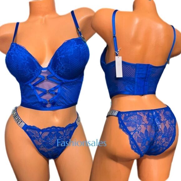 Victorias Secret Set Bombshell Add-2-Cups Push Up Corset bra & Shine Strap Panty - Picture 1 of 4